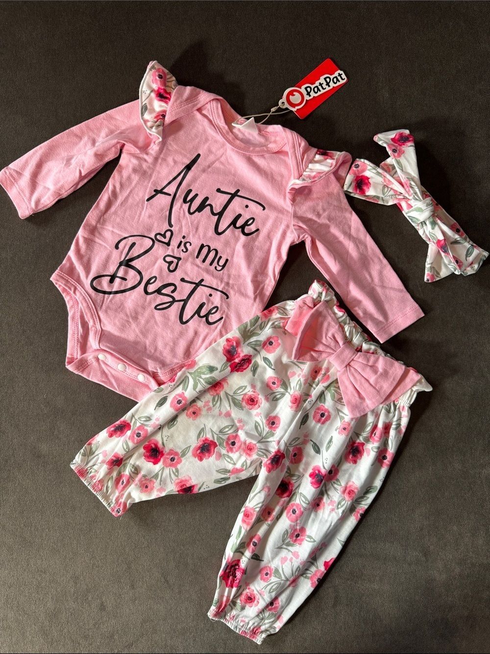 PatPat Pink Floral 'Auntie is My Bestie' Baby 3-Piece Outfit 0-3 months NEW